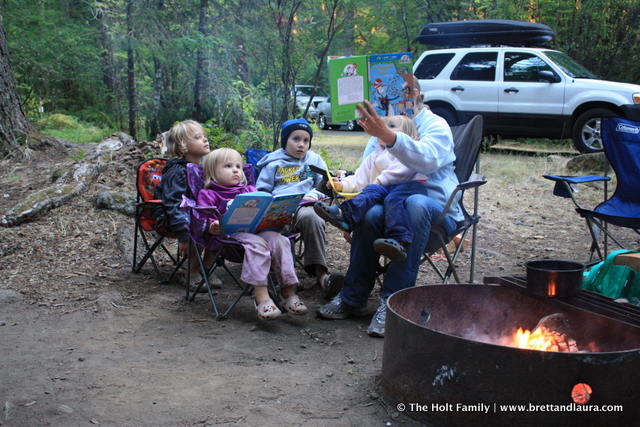 Laura reads to the kids while camping at Mt. Rainier National Park